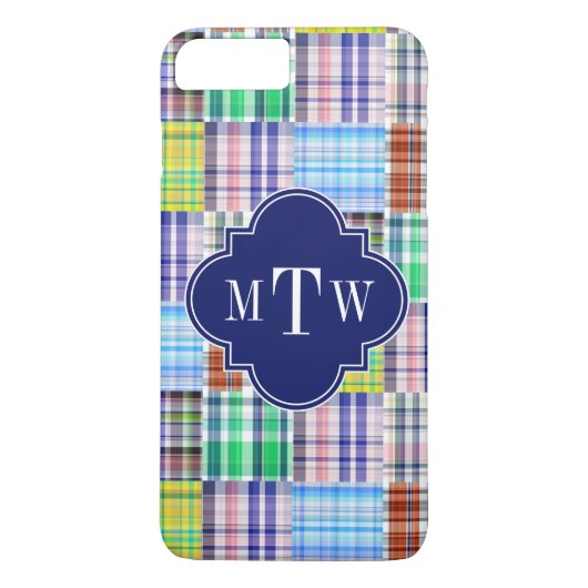 Preppy Patchwork Madras Navy Quatrefoil Monogram Case-Mate iPhone Case (Achterkant)