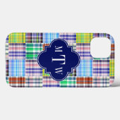 Preppy Patchwork Madras Navy Quatrefoil Monogram Case-Mate iPhone Case (Achterkant (horizontaal))