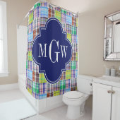 Preppy Patchwork Madras Navy Quatrefoil Monogram Douchegordijn (In situ)
