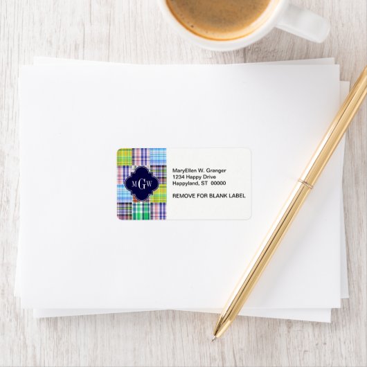 Preppy Patchwork Madras Navy Quatrefoil Monogram Etiket (Insitu)