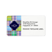 Preppy Patchwork Madras Navy Quatrefoil Monogram Etiket (Voorkant)