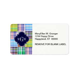 Preppy Patchwork Madras Navy Quatrefoil Monogram Etiket