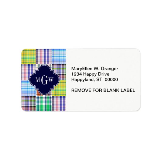 Preppy Patchwork Madras Navy Quatrefoil Monogram Etiket (Voorkant)