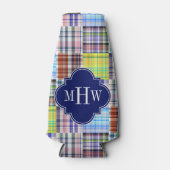 Preppy Patchwork Madras Navy Quatrefoil Monogram Flesjeskoeler (Voorkant)