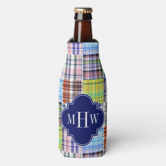 Preppy Patchwork Madras Navy Quatrefoil Monogram Flesjeskoeler (Fles Voorkant)