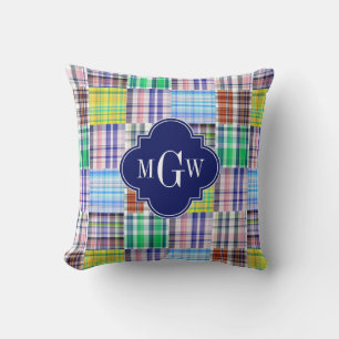 Preppy Patchwork Madras Navy Quatrefoil Monogram Kussen