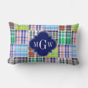 Preppy Patchwork Madras Navy Quatrefoil Monogram Kussen