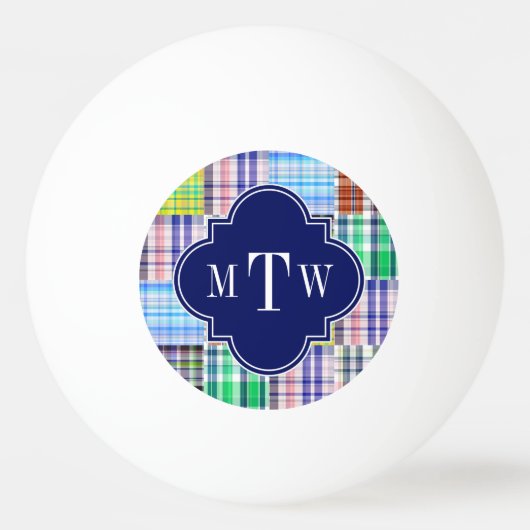 Preppy Patchwork Madras Navy Quatrefoil Monogram Pingpongballen (Voorkant)