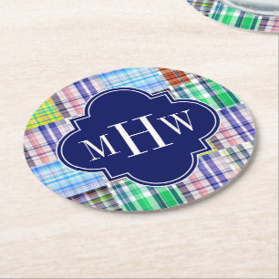 Preppy Patchwork Madras Navy Quatrefoil Monogram Ronde Kartonnen Onderzetter