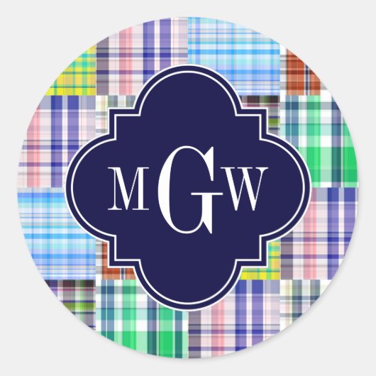 Preppy Patchwork Madras Navy Quatrefoil Monogram Ronde Sticker (Voorkant)