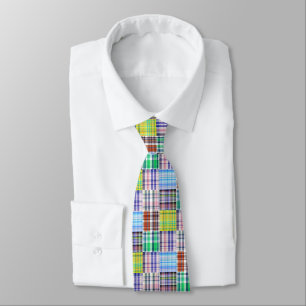 Preppy Patchwork Madras Navy Vierbladig Monogram Stropdas