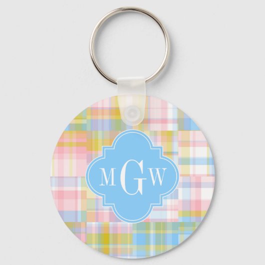Preppy Patchwork Madras Pastel Quatrefoil Initiale Sleutelhanger (Voorkant)