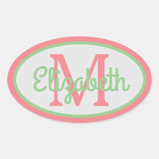 Preppy Peach en Sage Green Monogram Ovale Sticker (Voorkant)