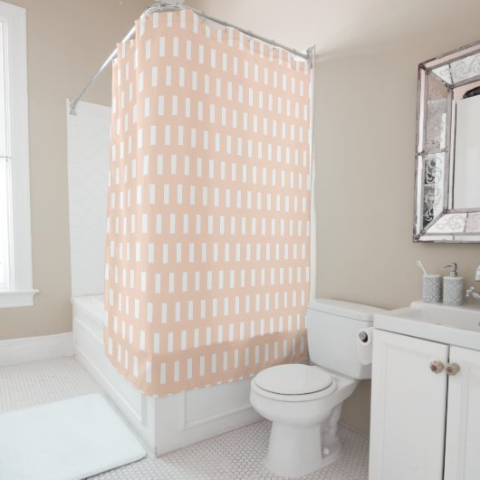 Preppy Peach en White Geometric Grid Pattern Douchegordijn (In situ)