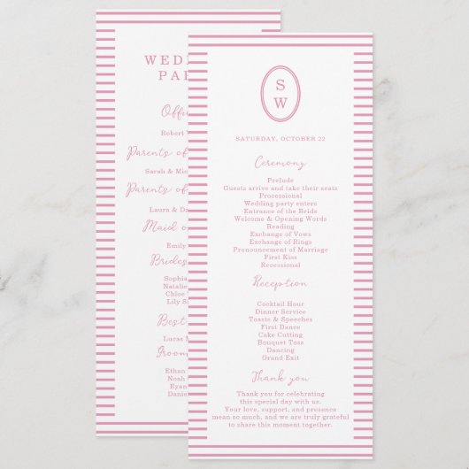 Preppy Peony Pink Chic Wedding Program Card Kaart (Voorkant / Achterkant)