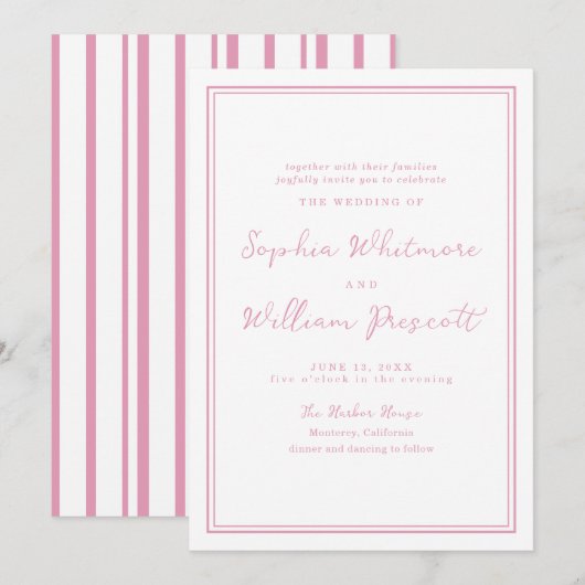 Preppy Peony Pink Striped Wedding Invitation (Devant / Derrière)