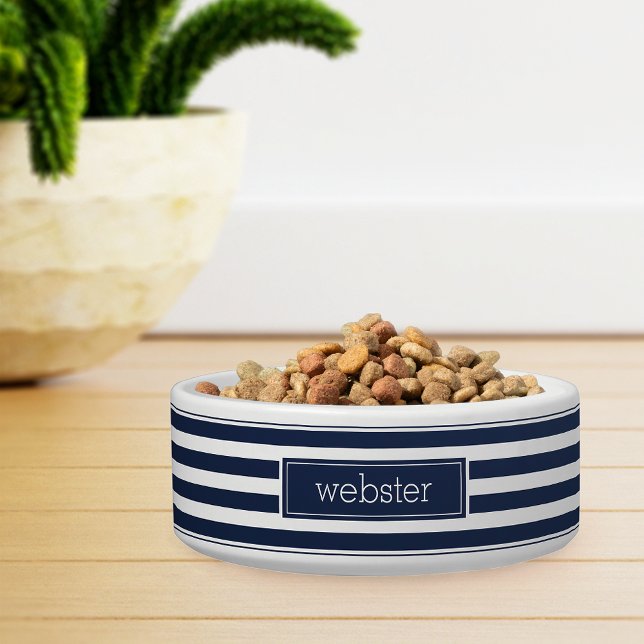 Preppy Personalized Navy Blue Stripe Pet Voerbakje (Creator heeft geüpload)