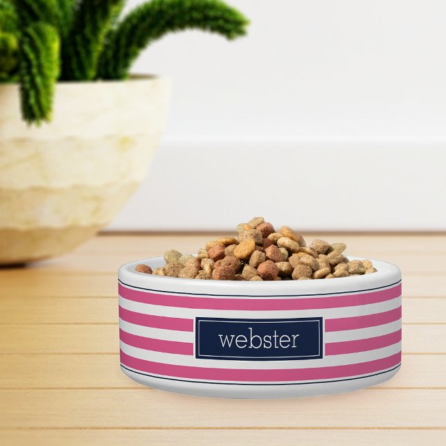 Preppy Personalized Pink & Navy Stripe Pet Voerbakje (Creator heeft geüpload)