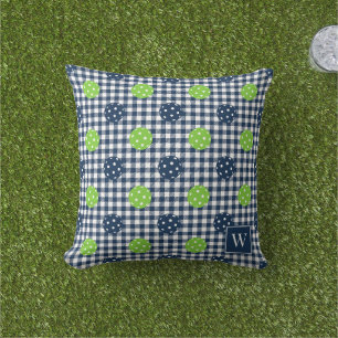 Preppy Pickleball Gingham – Marineblauw & Lime Buitenkussen
