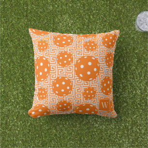 Preppy Pickleball Griekse Sleutel – Oranje & Wit Buitenkussen