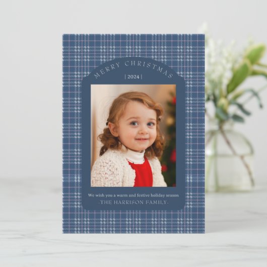 Preppy Pink and Blue Plaid Classic Christmas Card Feestdagenkaart (Staand voorkant)