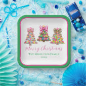 Preppy Pink and Green Christmas Trees Papieren Bordje (Feest)