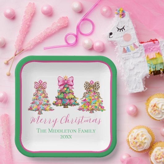 Preppy Pink and Green Christmas Trees Papieren Bordje (Feest)