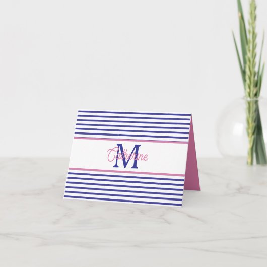 Preppy Pink and Navy Blue Stripe Simple Monogram (Devant)