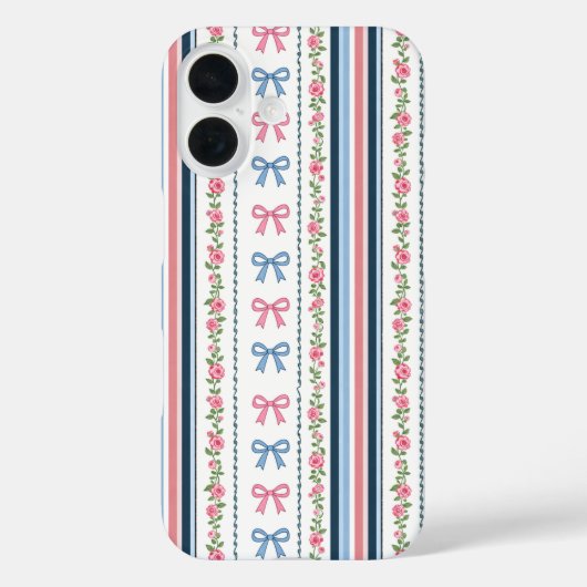 Preppy Pink Blue Coquette Bows Florals Striped Case-Mate iPhone Case (Achterkant)