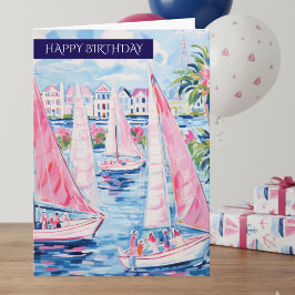 Preppy Pink Blue Tropical Sailboats Happy Birthday Kaart