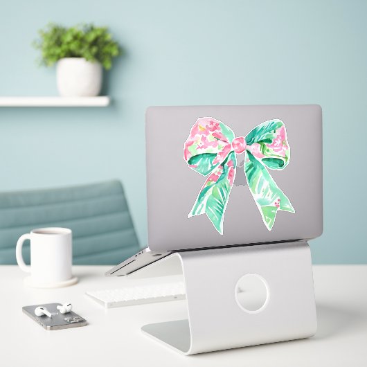 Preppy Pink en Aqua Floral Bow Sticker (Laptop op bureau)