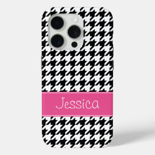 Preppy Pink en Black Houndstooth op maat iPhone 15 Pro Case