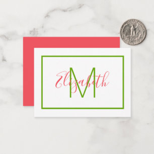 Preppy Pink en Green Monogram Notitiekaartje