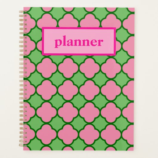 Preppy Pink en Green Quatrefoil Planner (Voorkant)