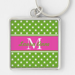 Preppy Pink en Green Stars Monogram Sleutelhanger