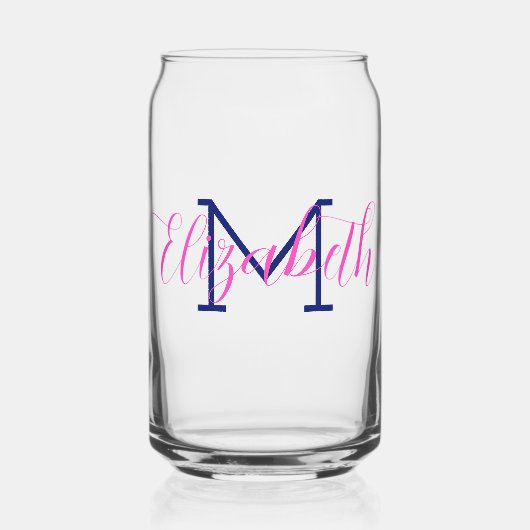 Preppy Pink en Navy Blue Monogram Blikvorm Glas (Voorkant)