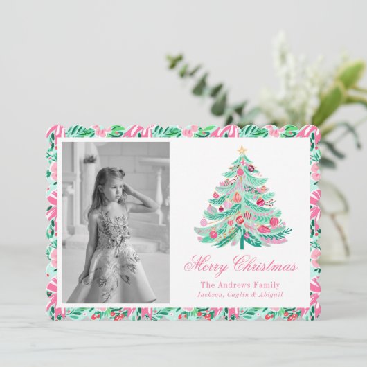 Preppy Pink & Green Palm Beach Kerstboom Feestdagenkaart (Staand voorkant)