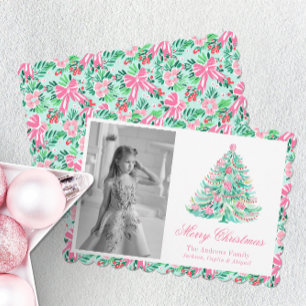 Preppy Pink & Green Palm Beach Kerstboom Feestdagenkaart