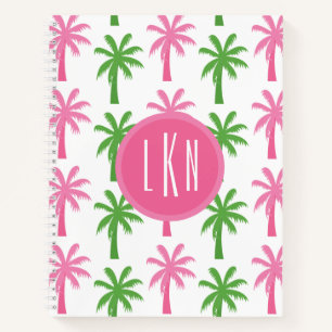 Preppy Pink & Green Palm Trees Monogram Notebook Notitieboek
