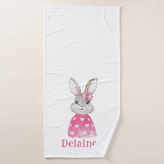 Preppy Pink Heart Bow Bunny Personalized Badhanddoek (Badhanddoek)