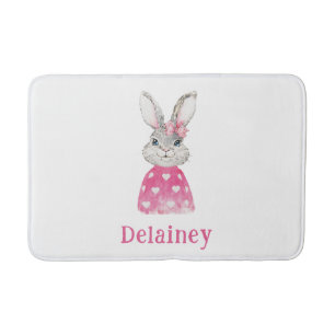 Preppy Pink Heart Bow Bunny Personalized Badmat