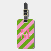 Preppy Pink & Lime Green Striped Monogram Bagagelabel (Voorkant verticaal)