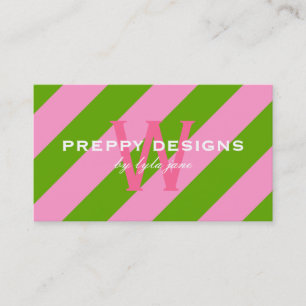 Preppy Pink & Lime Green Striped Monogram Visitekaartje