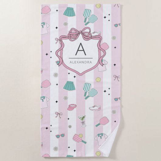 Preppy Pink Monogram Pickleball Gift for Her Strandlaken (Voorkant)