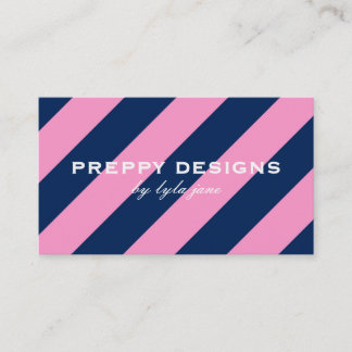 Preppy Pink & Navy Blue Striped Visitekaartje