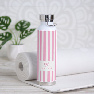 Preppy Pink Stripes & Bow Aangepaste naam Waterfles