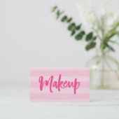 Preppy Pink Stripes Penseel Script Make-up Visitekaartje (Staand voorkant)