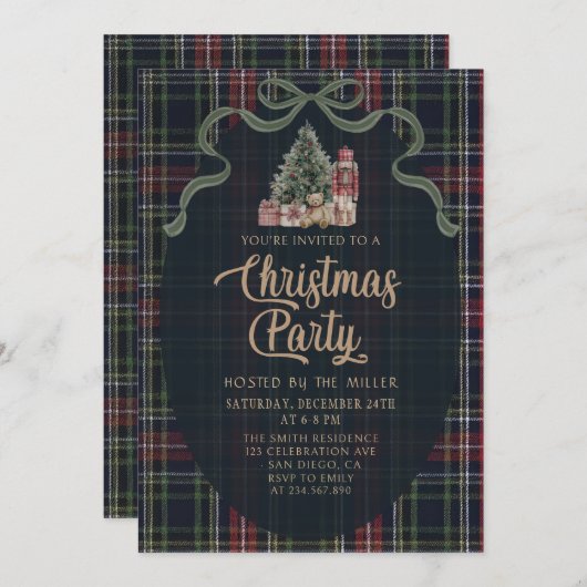 Preppy Plaid Christmas Party Invitation Kaart (Voorkant / Achterkant)