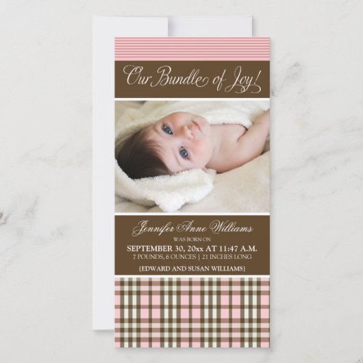 Préppy Plaid Faire-part de naissance (rose) (Devant)