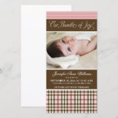 Préppy Plaid Faire-part de naissance (rose) (Devant / Derrière)